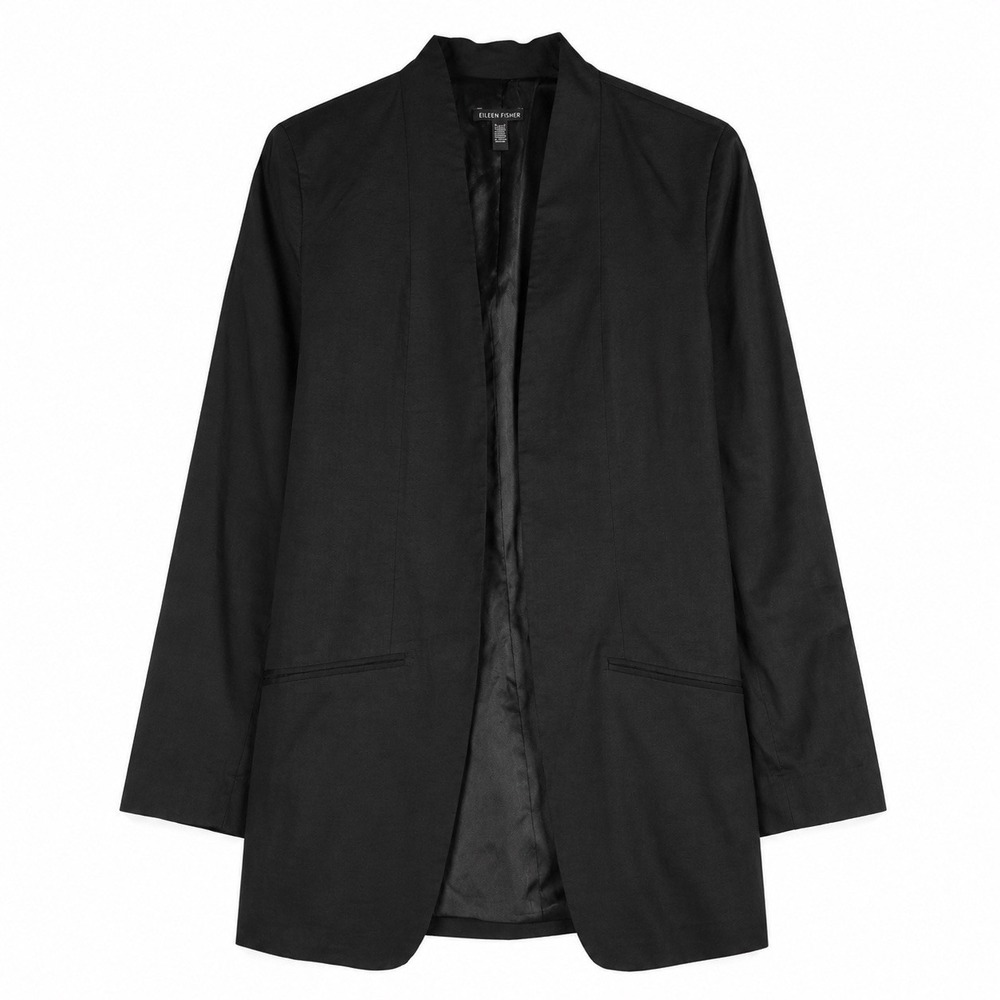 Eileen Fisher Polished Ramie Stretch Long Blazer Jacket Black Size 8 Silk Lined